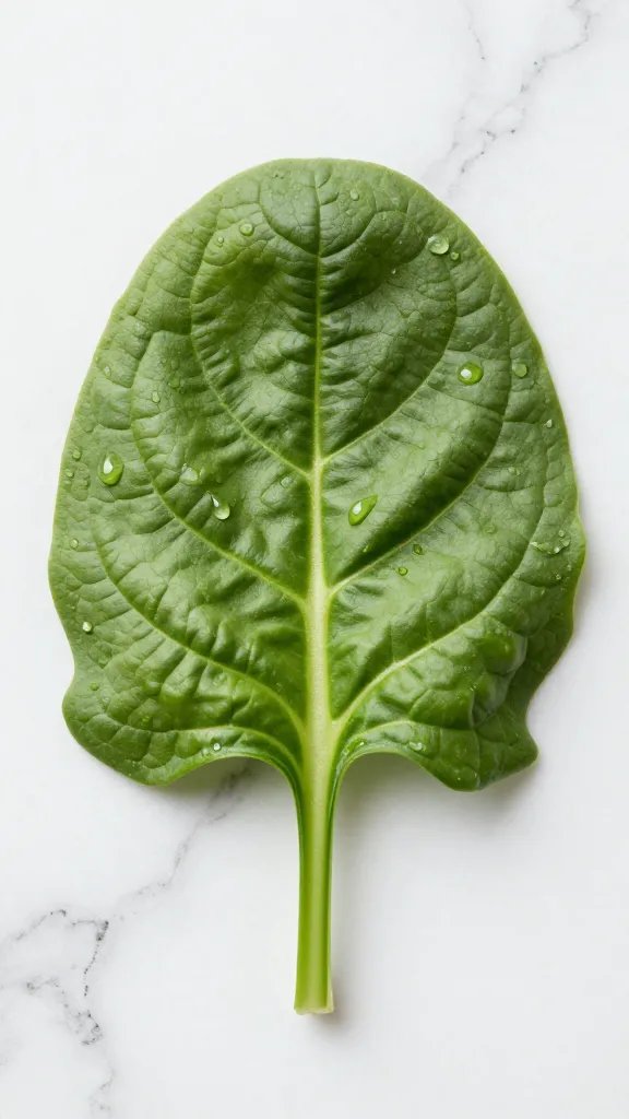 single spinach leaf with dewdrops on marble backdrop