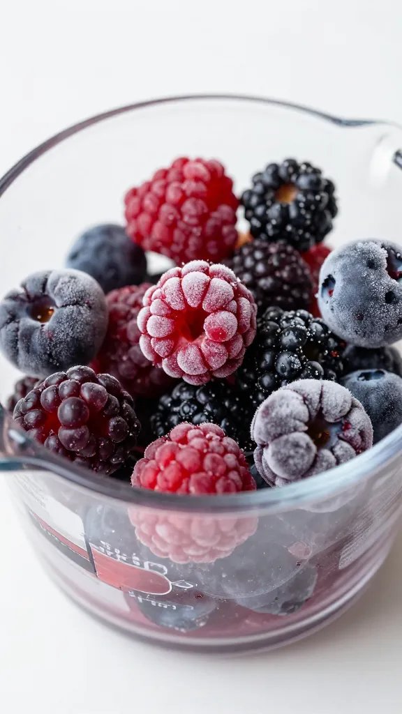 frozen mixed berries in measuring cup, macro shot