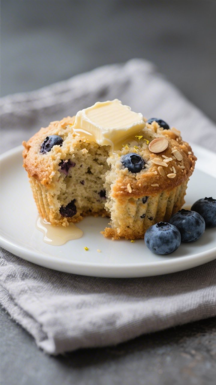 Close-up, 3/4 angle of a halved keto blueberry muffin on a small matte white plate, pat of butter me