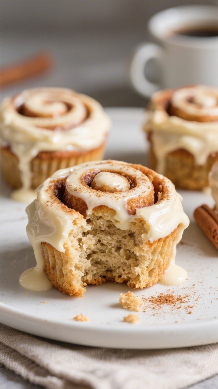 Close-up beauty shot of finished keto cinnamon roll muffins on a matte white plate, generously drizz