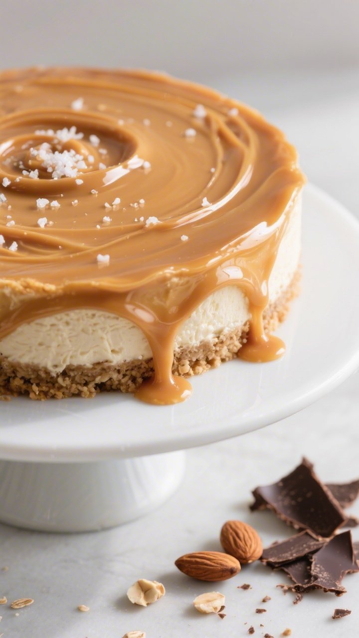 Close-up detail: A glossy swirl of salted caramel cascading over a chilled, crack-free salted carame