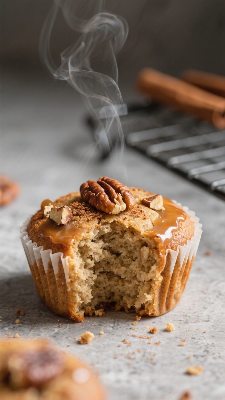 Close-up detail: A just-baked keto maple cinnamon muffin torn open to reveal a fluffy, tender crumb