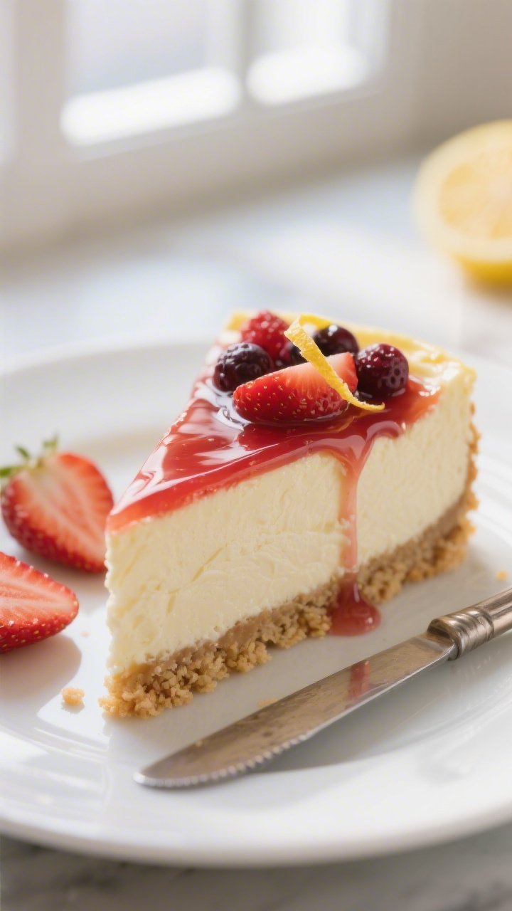 Close-up detail: A silky slice of low-calorie strawberry vanilla cheesecake just cut, showcasing a c