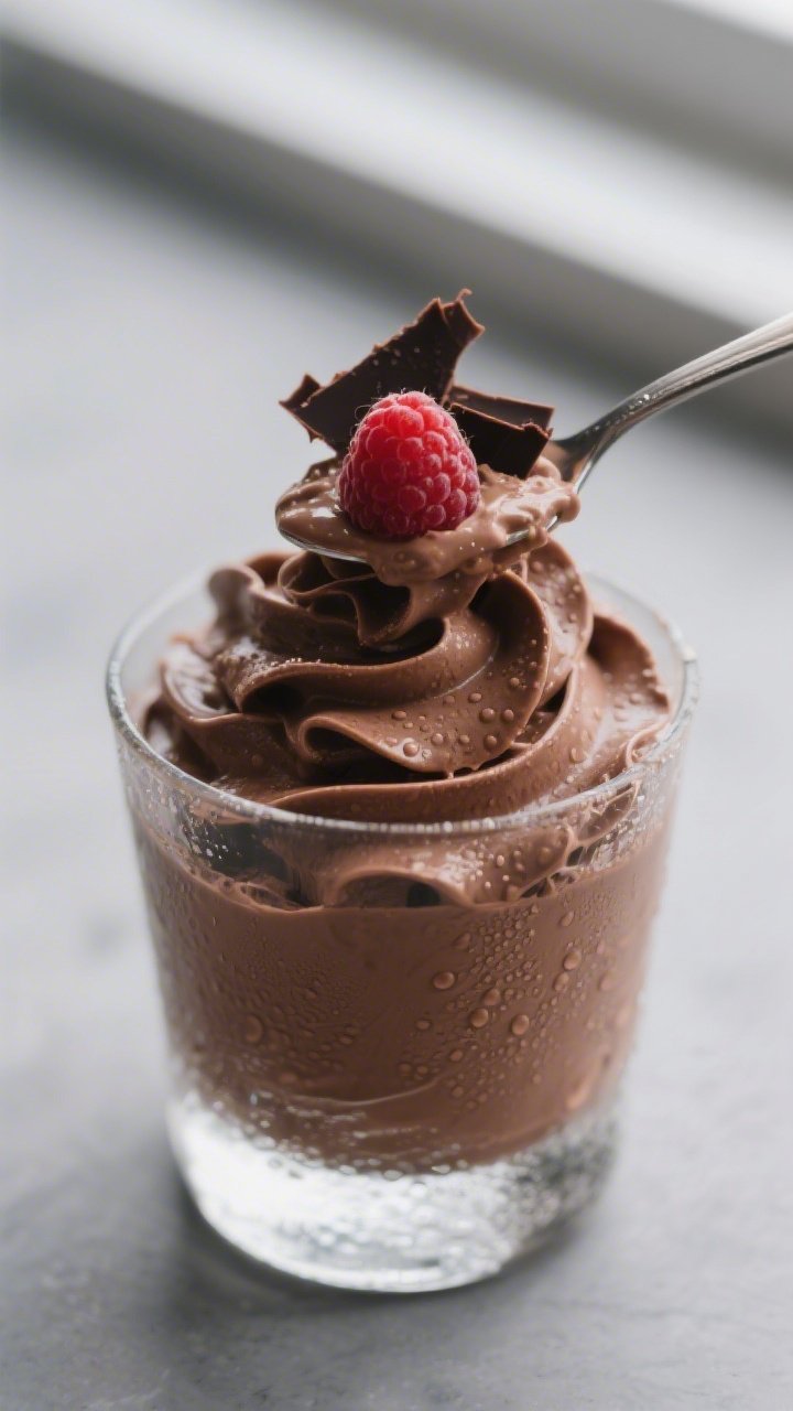 Close-up detail: A spoonful of high-protein chocolate mousse lifted from a chilled glass, showing th