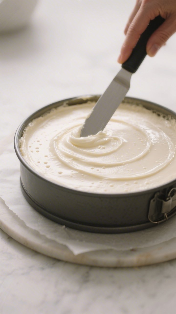 Close-up detail and process: Batter being smoothed in an 8-inch springform pan just before baking fo
