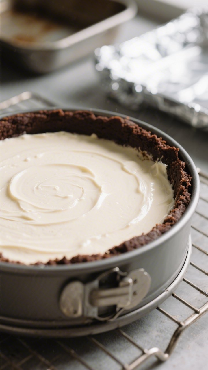 Close-up detail and process: Low-calorie Almond Joy cheesecake just out of the water bath, in a 9-in
