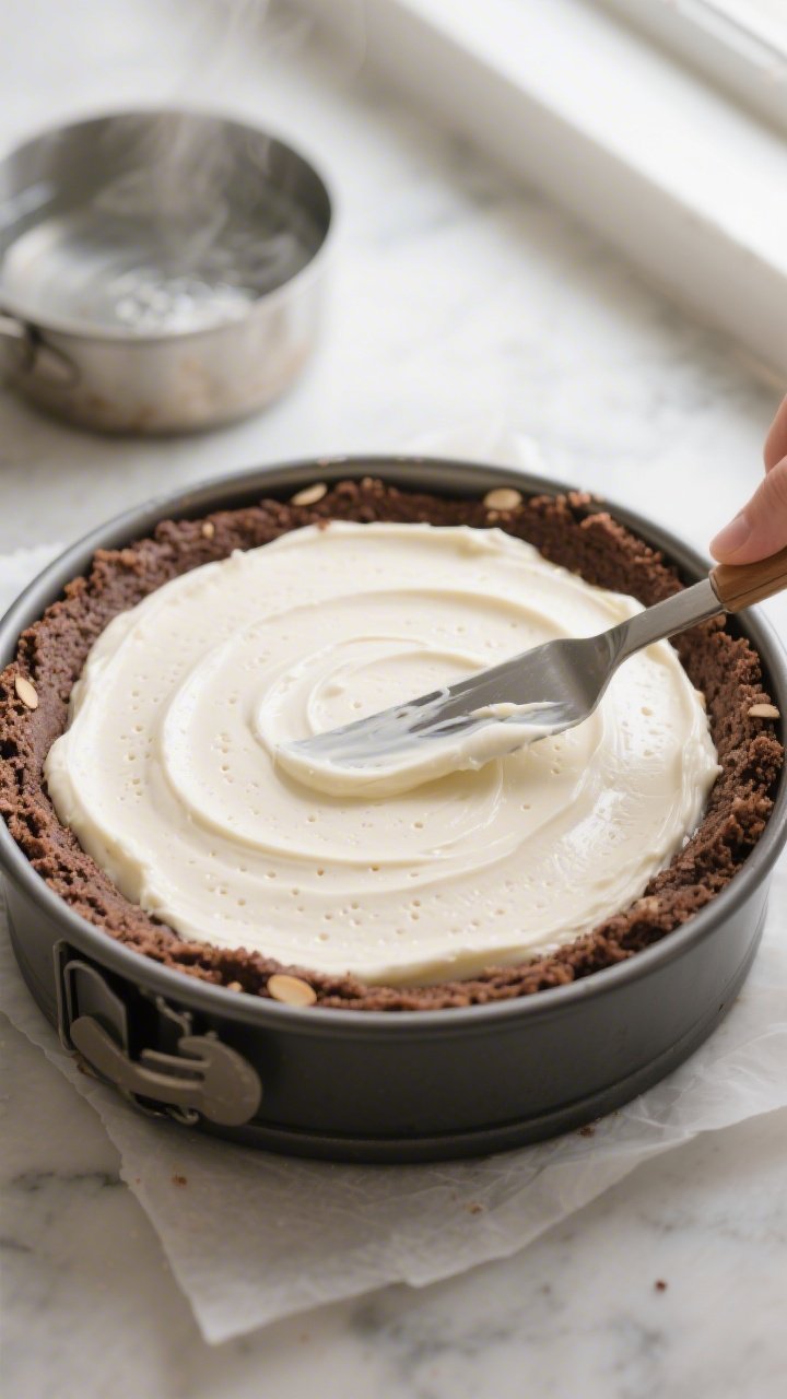 Close-up detail and process: Low-calorie peppermint cheesecake batter being smoothed over a baked ch