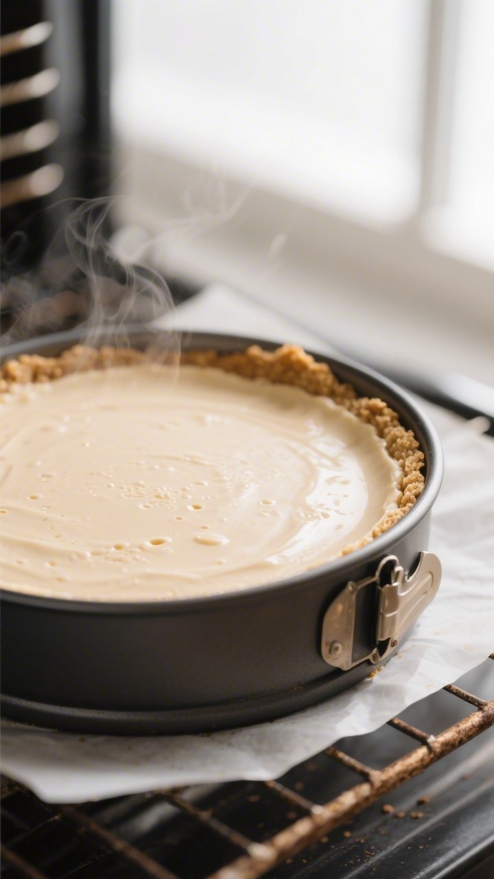 Close-up detail, cooking process: A freshly baked vanilla-latte cheesecake just out of the oven in a