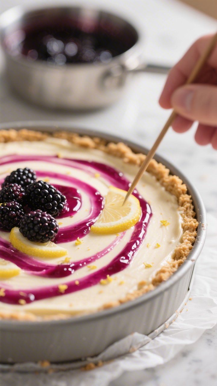 Close-up detail, cooking process: A glossy blackberry-lemon swirl being feathered into a just-poured