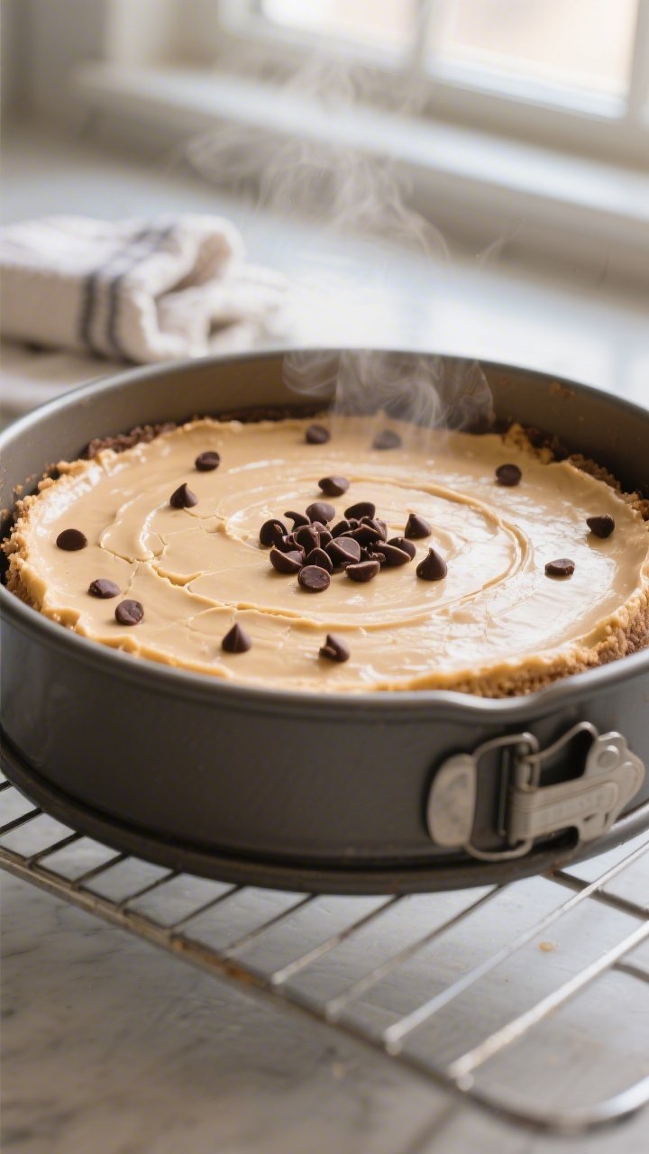 Close-up detail, cooking process: A peanut butter chocolate chip cheesecake just out of the oven in 