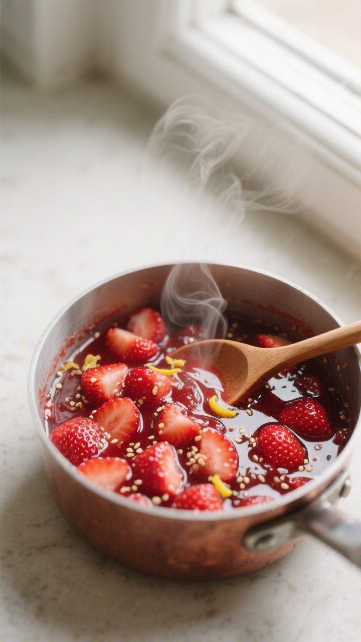 Close-up detail, cooking process: A small saucepan of glossy strawberry compote simmered to jammy th
