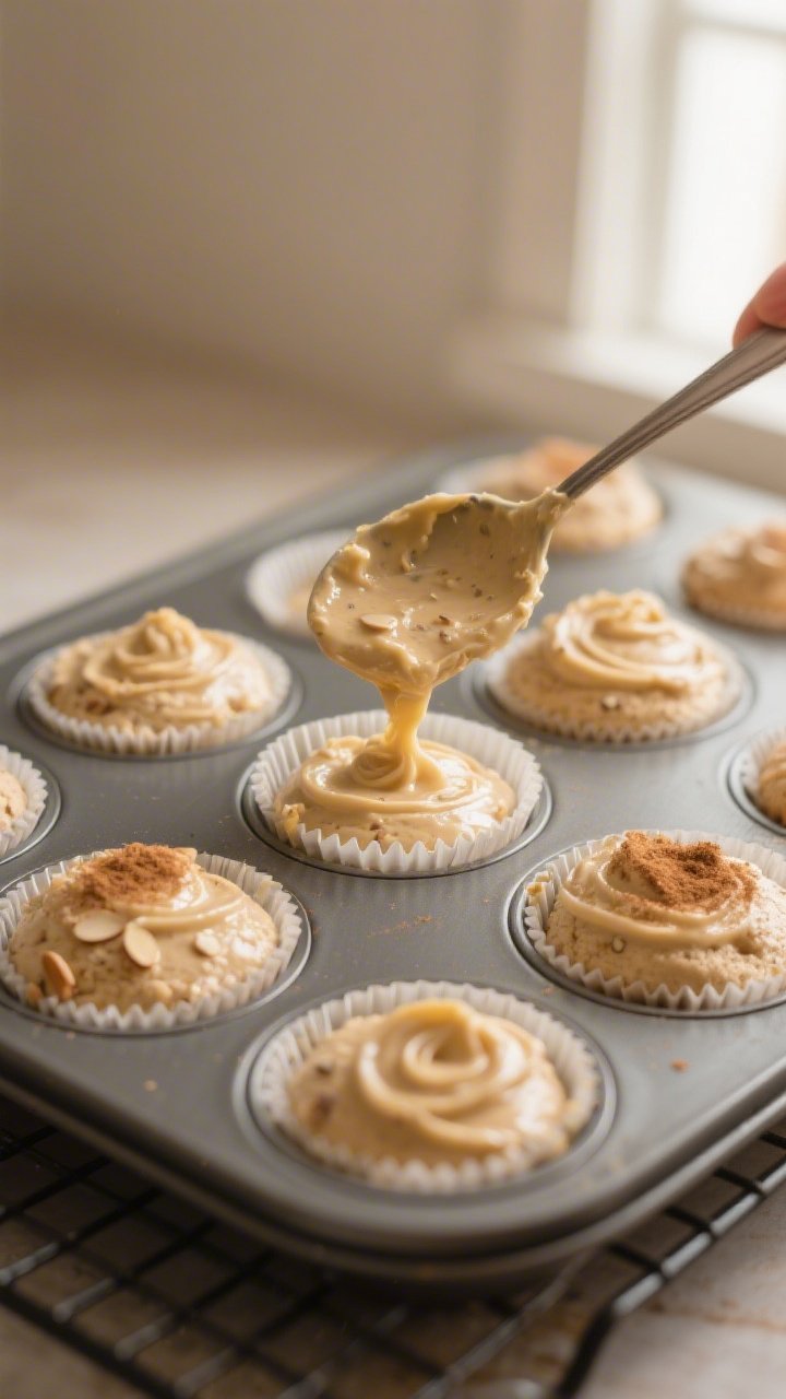 Close-up detail, cooking process: Almond flour muffin batter being spooned into a lined 12-cup muffi