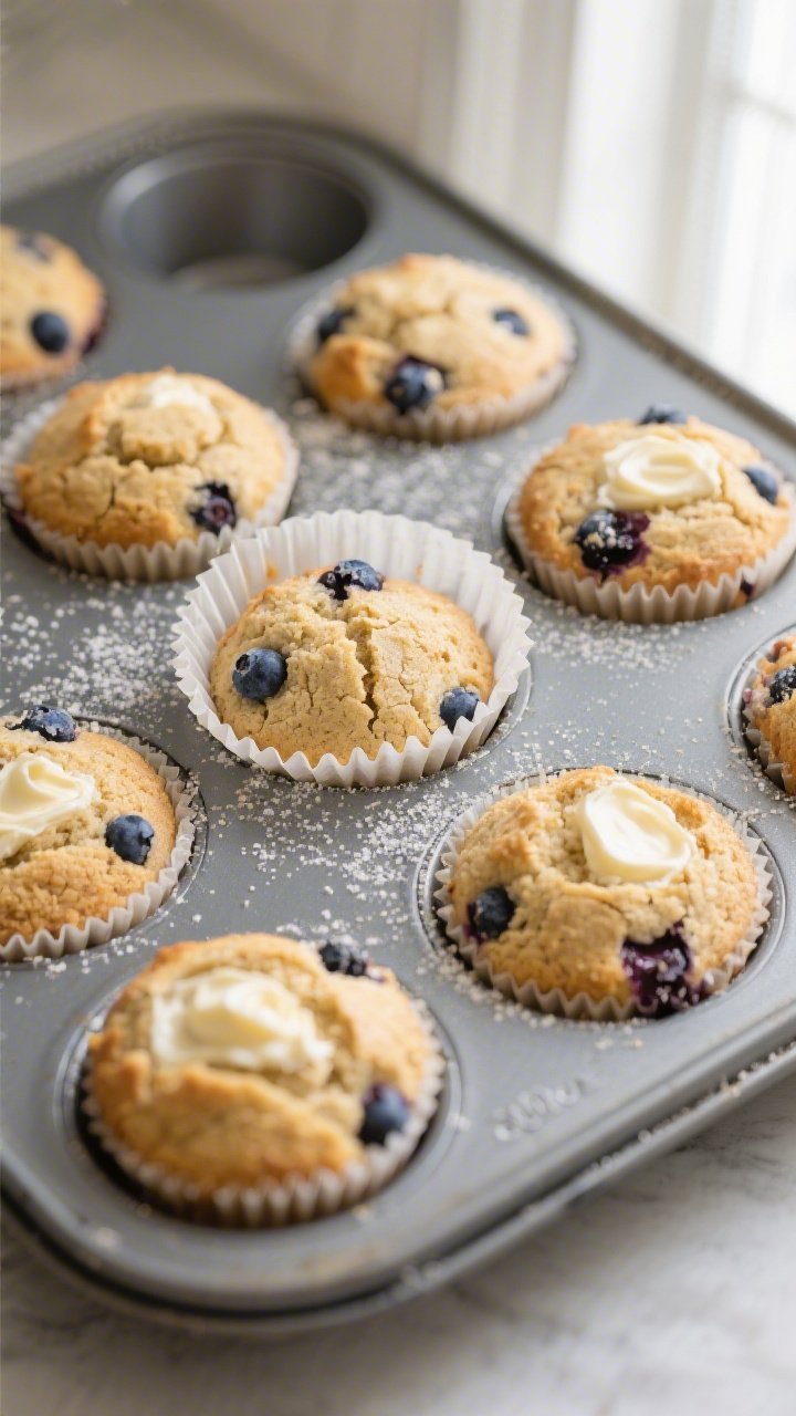 Close-up detail, cooking process: Keto blueberry cream cheese muffins fresh out of the oven in a lin
