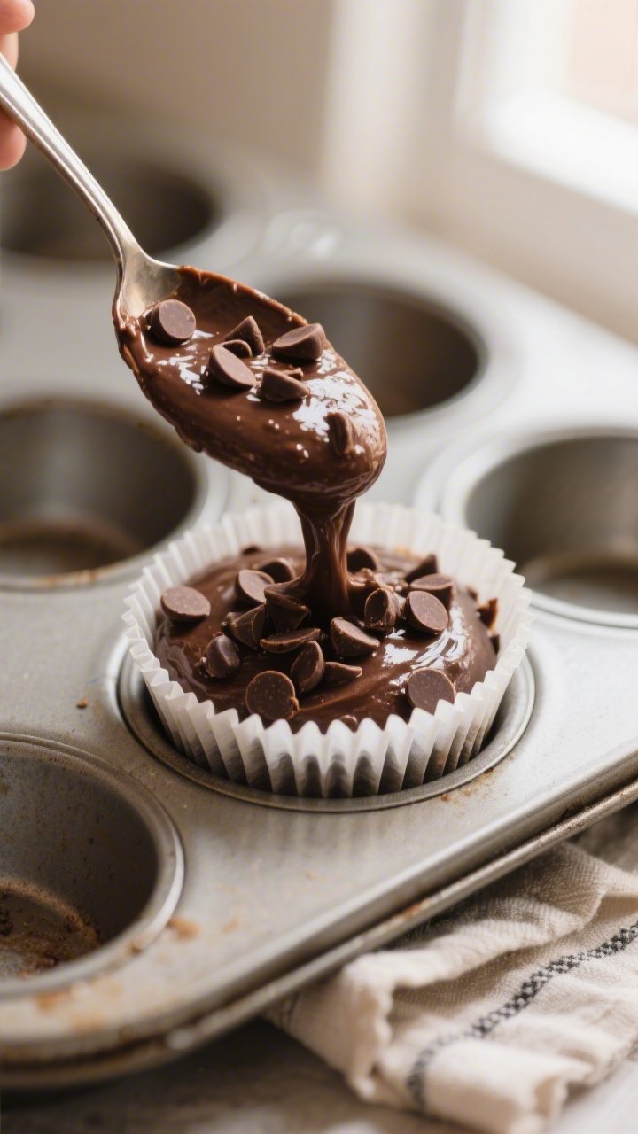 Close-up detail, cooking process: Keto chocolate muffin batter being spooned into paper-lined muffin