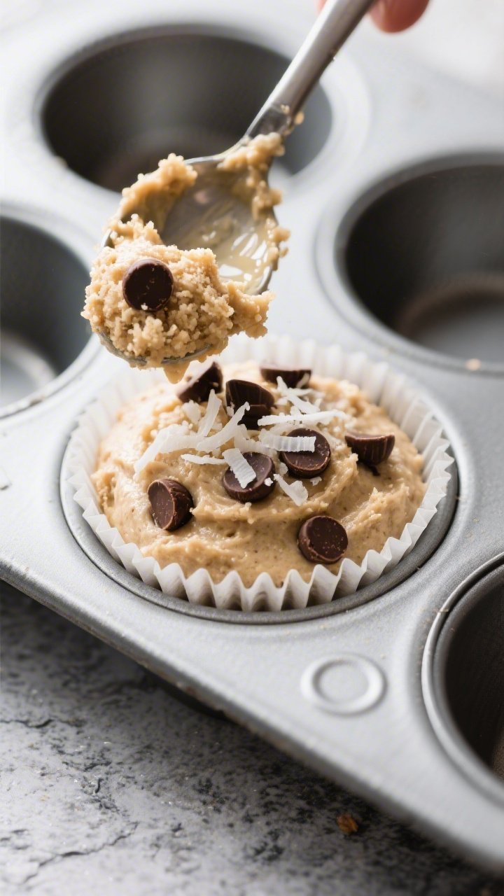 Close-up detail/cooking process: Keto coconut chocolate chip muffin batter being scooped into paper-