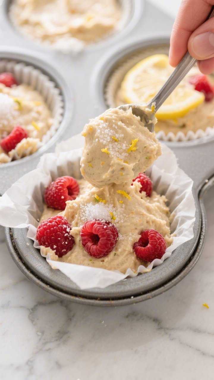 Close-up detail, cooking process: Keto lemon raspberry muffin batter being portioned into a parchmen