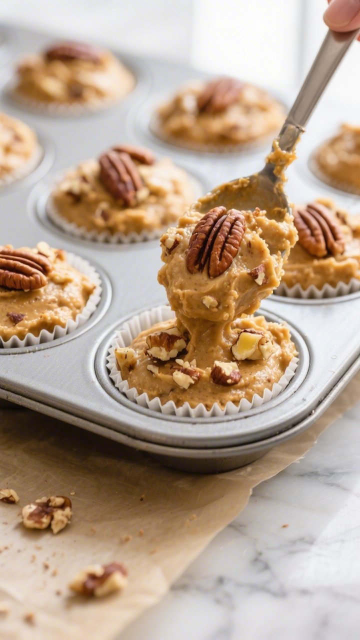 Close-up detail/cooking process: Keto maple pecan muffin batter being portioned into a lined 12-cup 