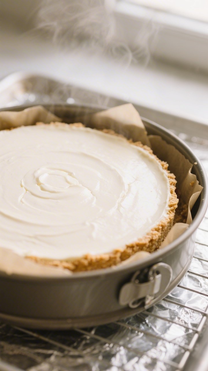 Close-up detail, cooking process: Low-calorie strawberry cheesecake just out of the oven in a 9-inch