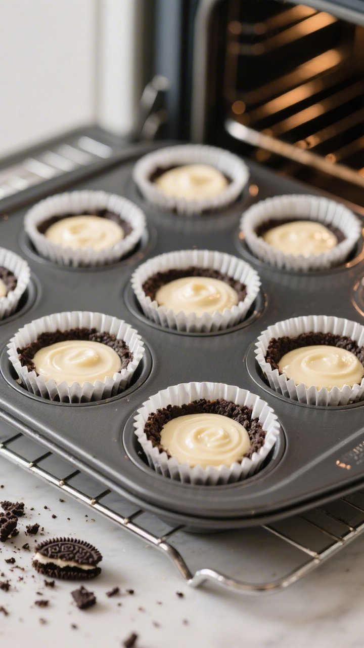 Close-up detail, cooking process: Mini Oreo cheesecake cups just out of the oven in a 12-cup muffin 