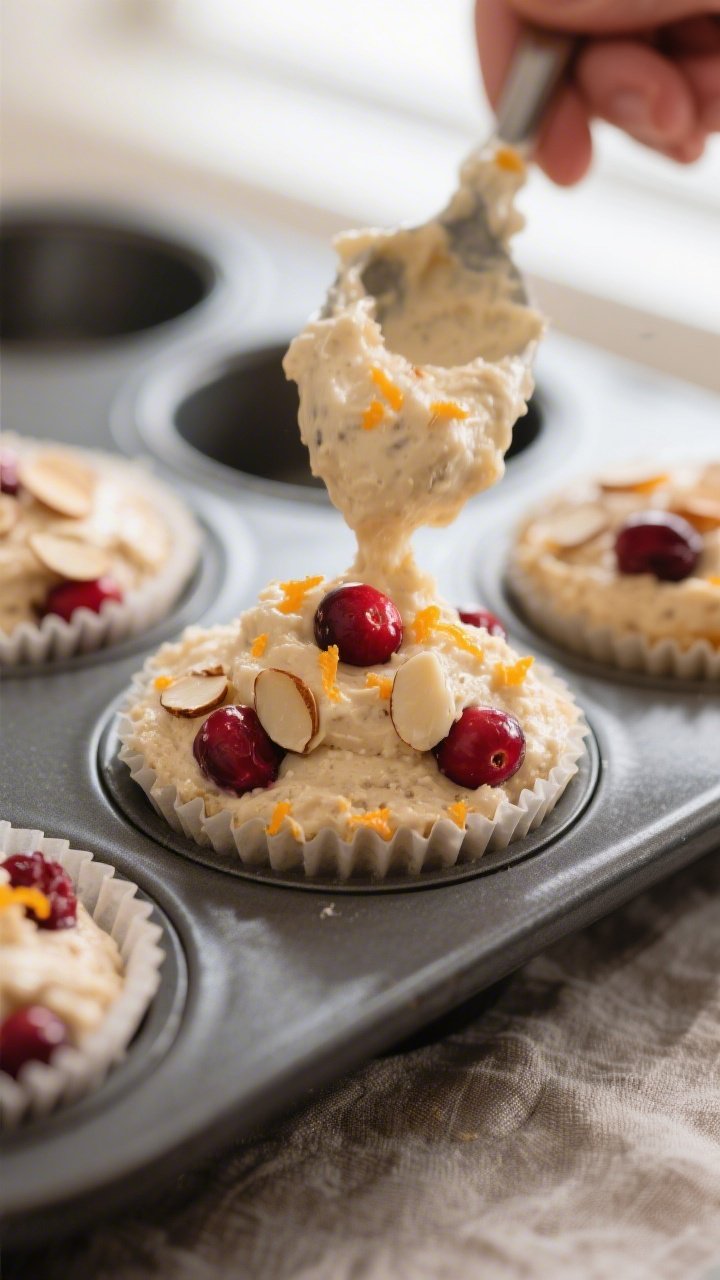 Close-up detail, cooking process: Thick, scoopable keto cranberry orange muffin batter being divided