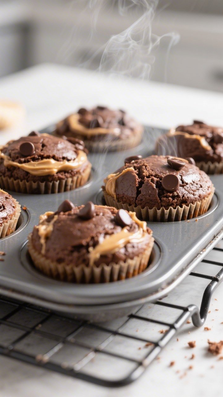 Close-up detail: Freshly baked keto chocolate peanut butter muffins just out of the oven, still in a