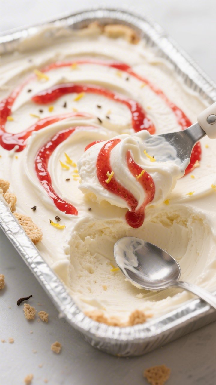 Close-up detail, no-churn process: A shallow, freezer-safe metal pan filled with pale, creamy low-ca
