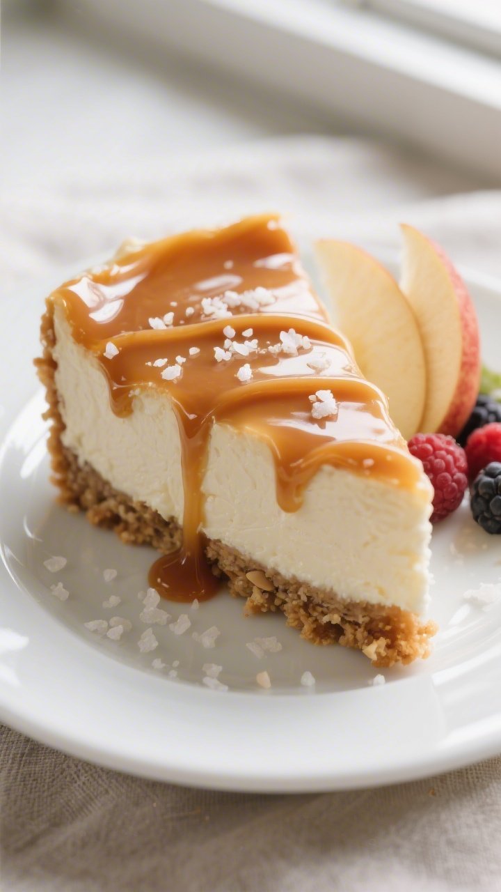 Close-up detail of a chilled slice of Low-Calorie Salted Caramel Cheesecake just after serving: glos