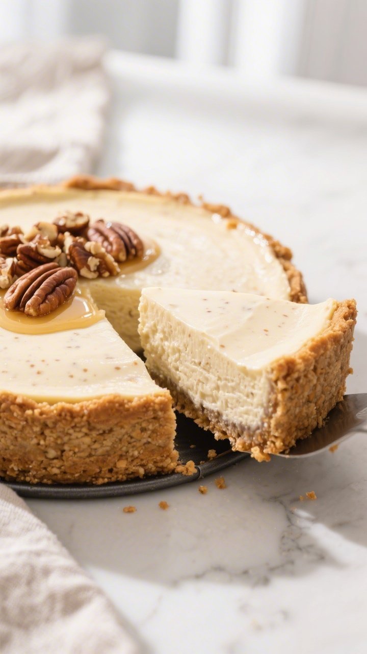 Close-up detail of a freshly baked low-calorie pecan cheesecake still in the springform base after c