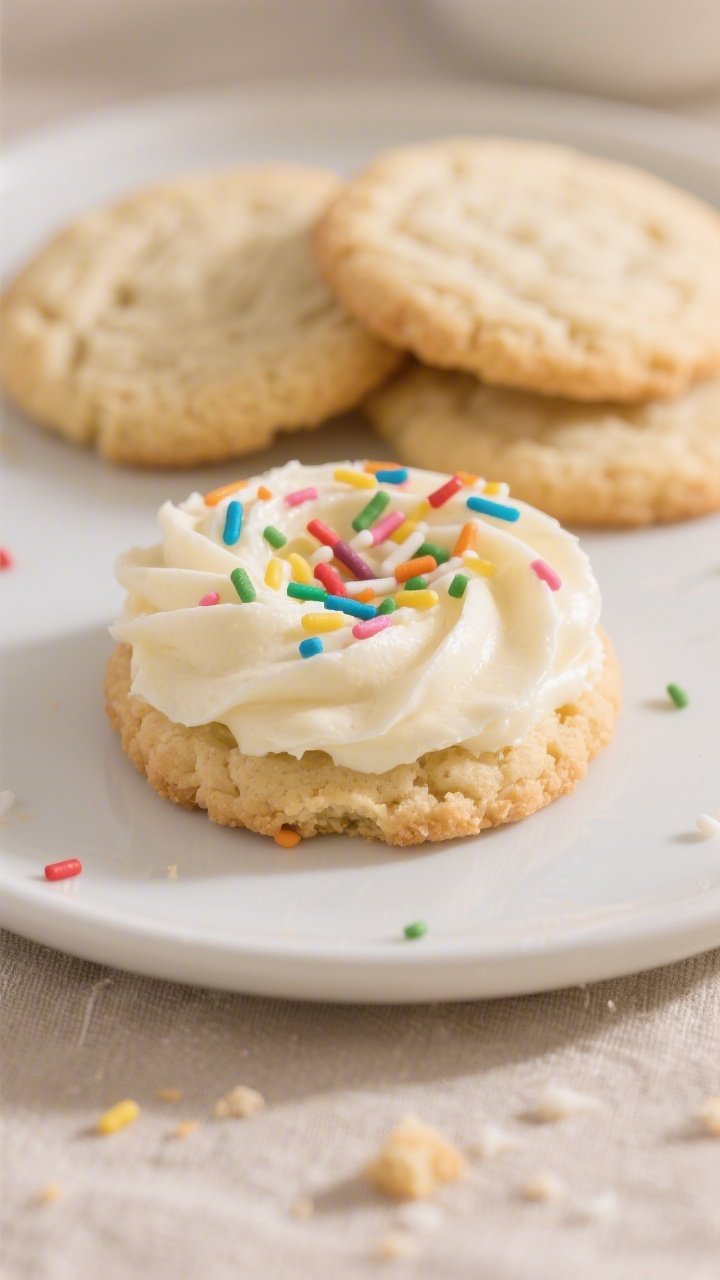 Close-up detail of a frosted protein sugar cookie on a matte white plate, thick Greek-yogurt vanilla