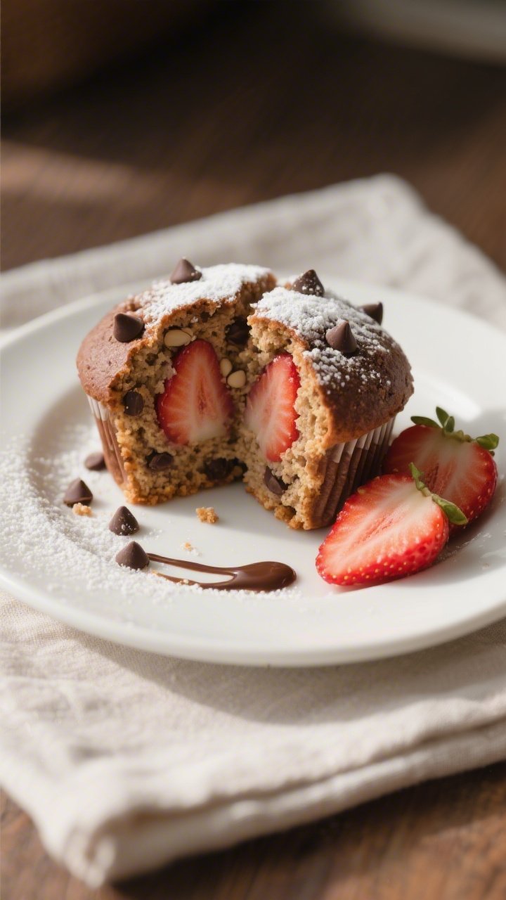 Close-up detail of a halved keto chocolate strawberry muffin on a small white ceramic plate, showing