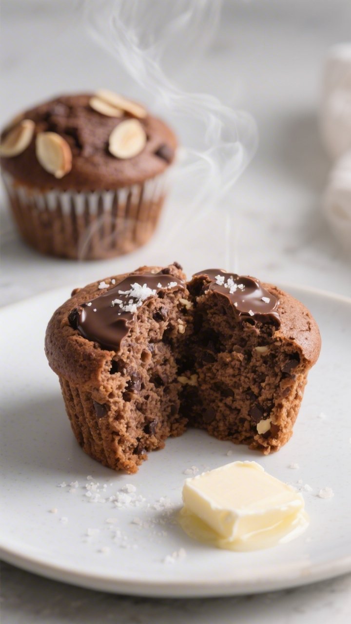 Close-up detail of a plated Keto Chocolate Almond Muffin split in half to showcase the rich cocoa in