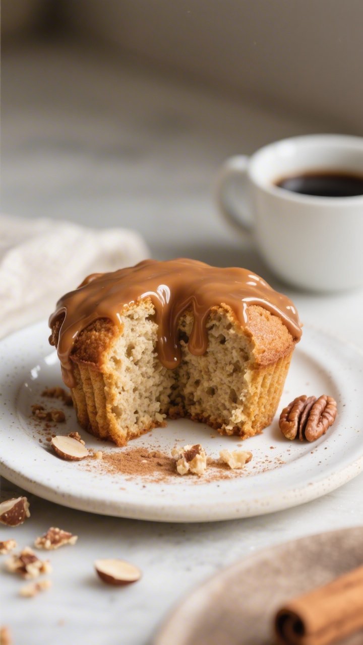 Close-up detail of a plated keto cinnamon muffin sliced in half and drizzled with glossy cinnamon-er