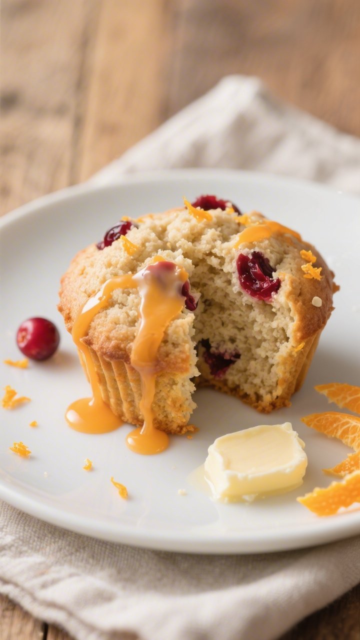 Close-up detail of a plated keto cranberry muffin sliced open and drizzled with a thin orange-keto g