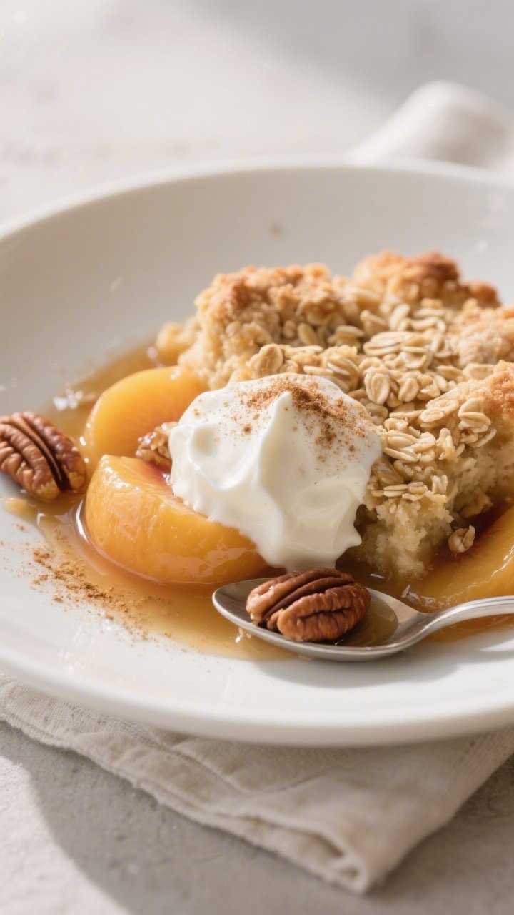 Close-up detail of a plated serving of high-protein peach cobbler in a shallow white bowl, spooned w