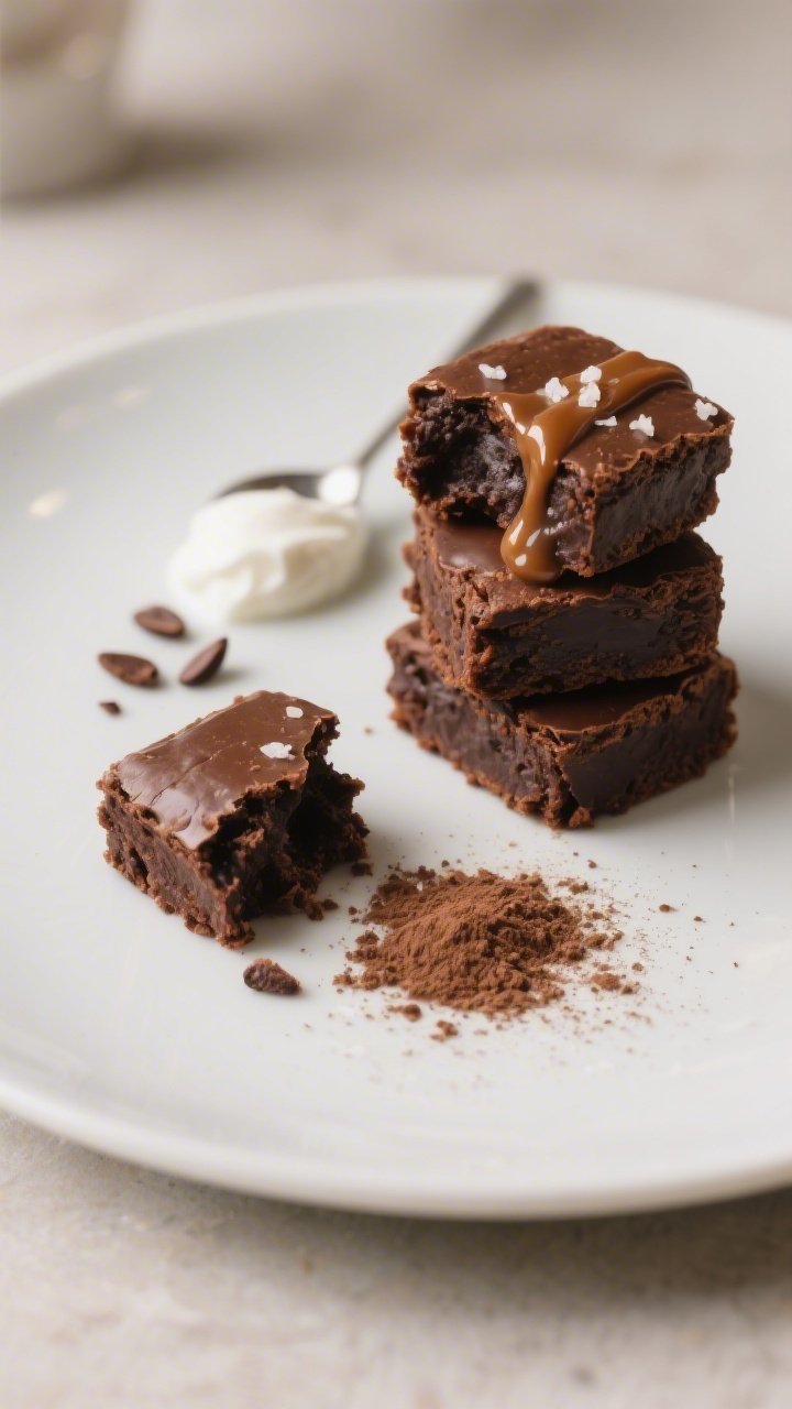 Close-up detail of a plated stack of three high protein brownie bites on a matte white dessert plate