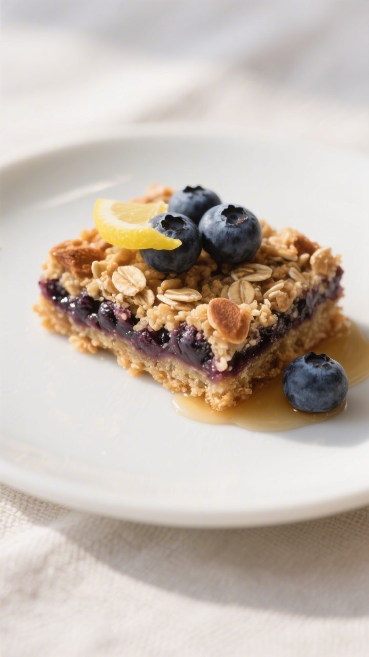 Close-up detail of a single bar plated for serving: tidy square with firmly packed oat-almond base, 