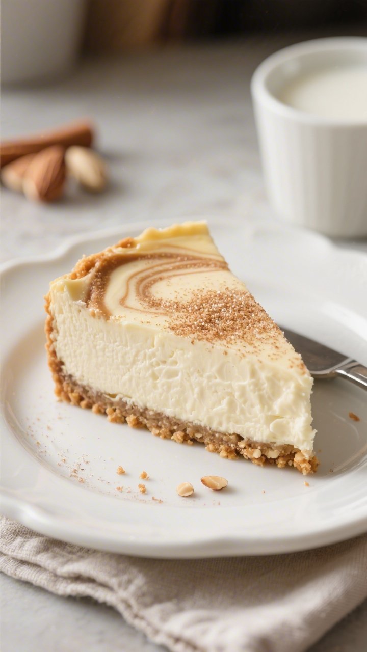 Close-up detail of a single plated slice of Low-Calorie Snickerdoodle Cheesecake on a white ceramic 