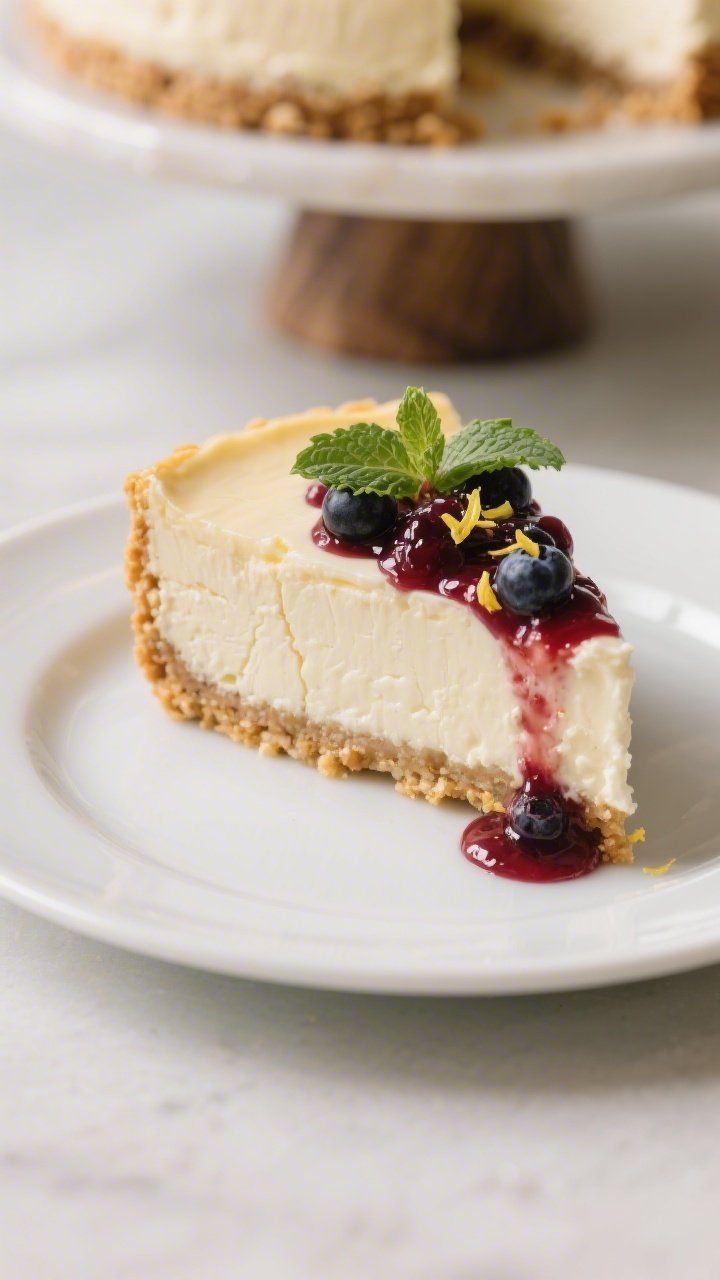 Close-up detail of a single plated slice of the cheesecake on a small white plate, showing the smoot