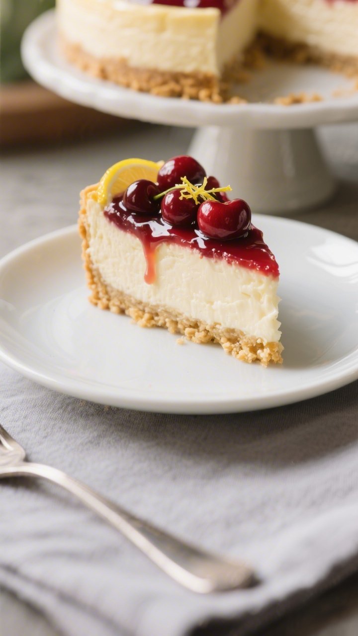Close-up detail of a single slice of low-calorie cherry cheesecake plated on a white ceramic dessert