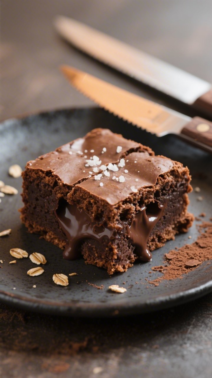 Close-up detail of a sliced brownie square on a small dark ceramic plate, showing ultra-fudgy interi