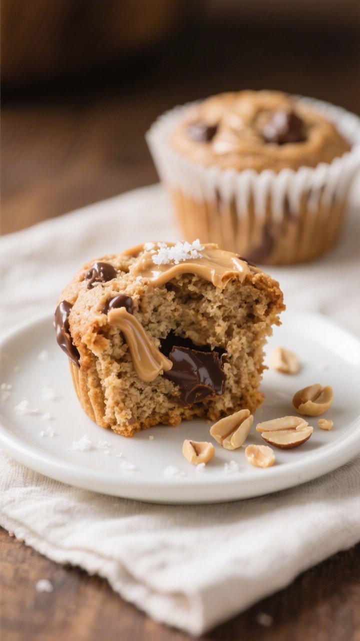 Close-up detail of a sliced Keto Peanut Butter Chocolate Muffin on a small white ceramic plate, reve