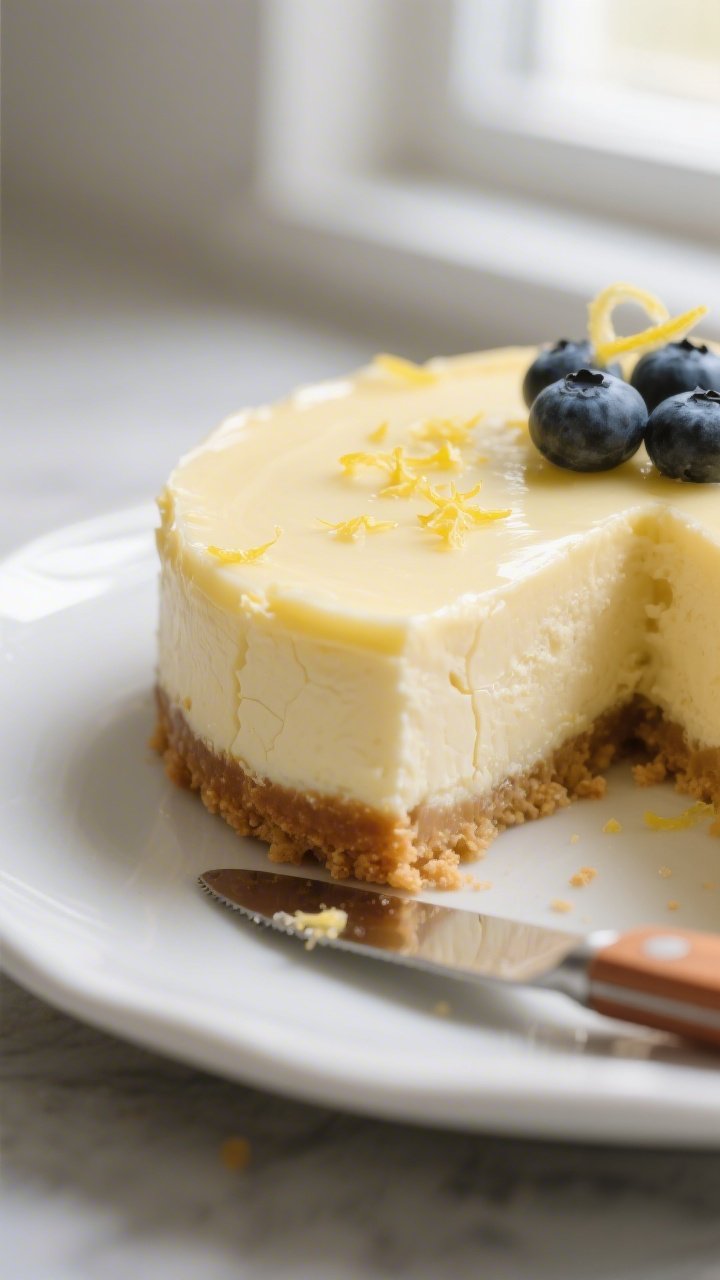 Close-up detail of a sliced low-calorie lemon cheesecake just after chilling, showing a silky, cream