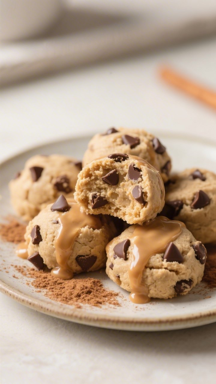 Close-up detail of a small ceramic plate piled with chilled, set chocolate chip protein cookie dough