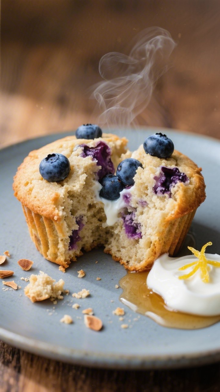 Close-up detail of a split blueberry protein muffin on a matte ceramic plate, interior crumb moist a