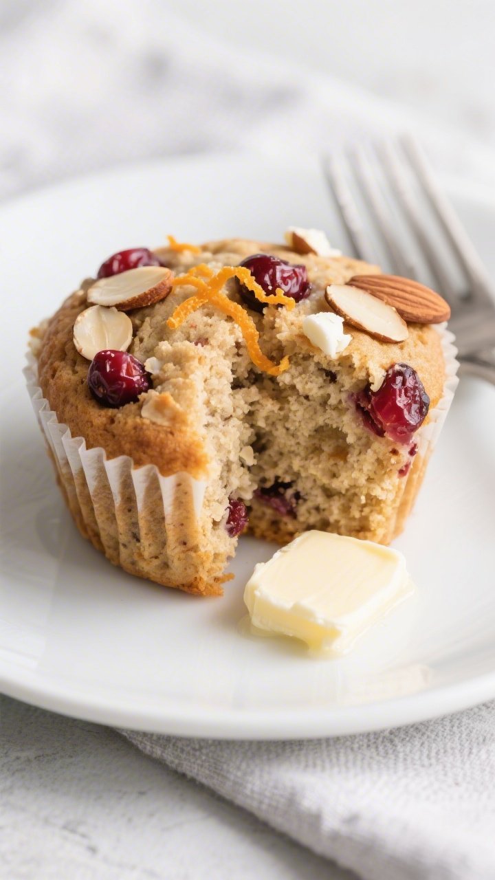 Close-up detail of a split Keto Cranberry Almond Muffin on a small white plate, pat of melting butte