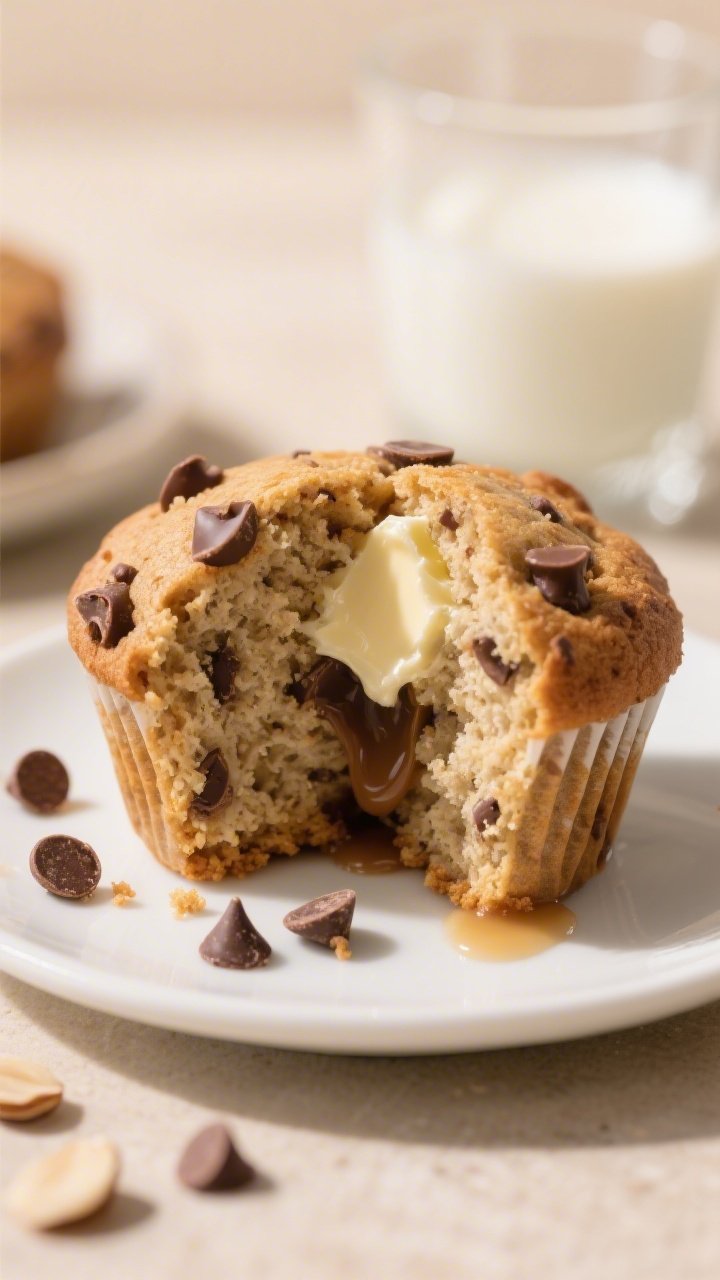 Close-up detail of a split-open keto chocolate chip muffin on a small white plate, butter melting in
