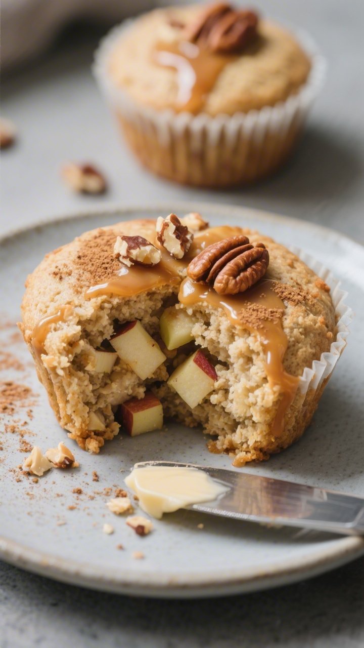 Close-up detail of a split-open keto cinnamon apple muffin on a small matte ceramic plate, interior
