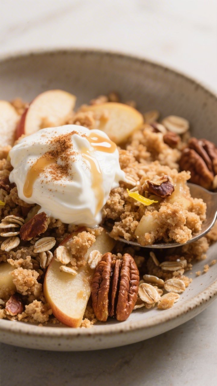 Close-up detail of a warm serving of Protein-Packed Apple Crumble spooned into a shallow stoneware b