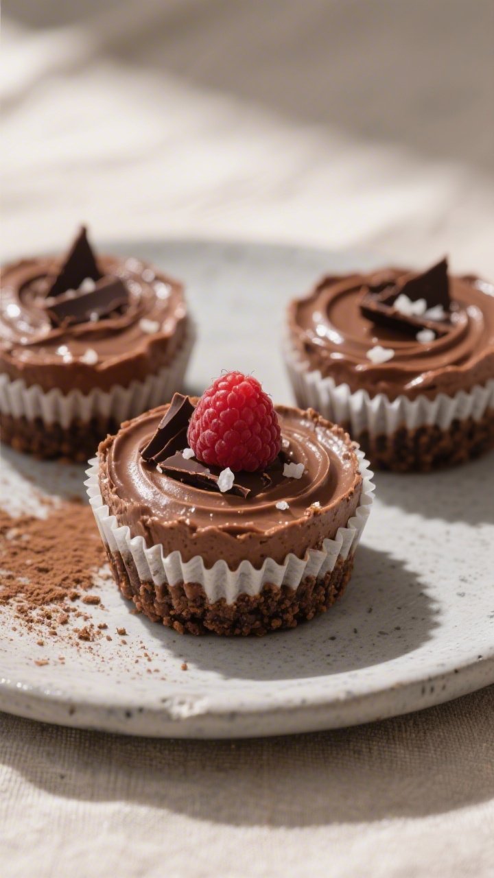 Close-up detail of finished no-bake chocolate protein cheesecake bites unwrapped from liners and pla