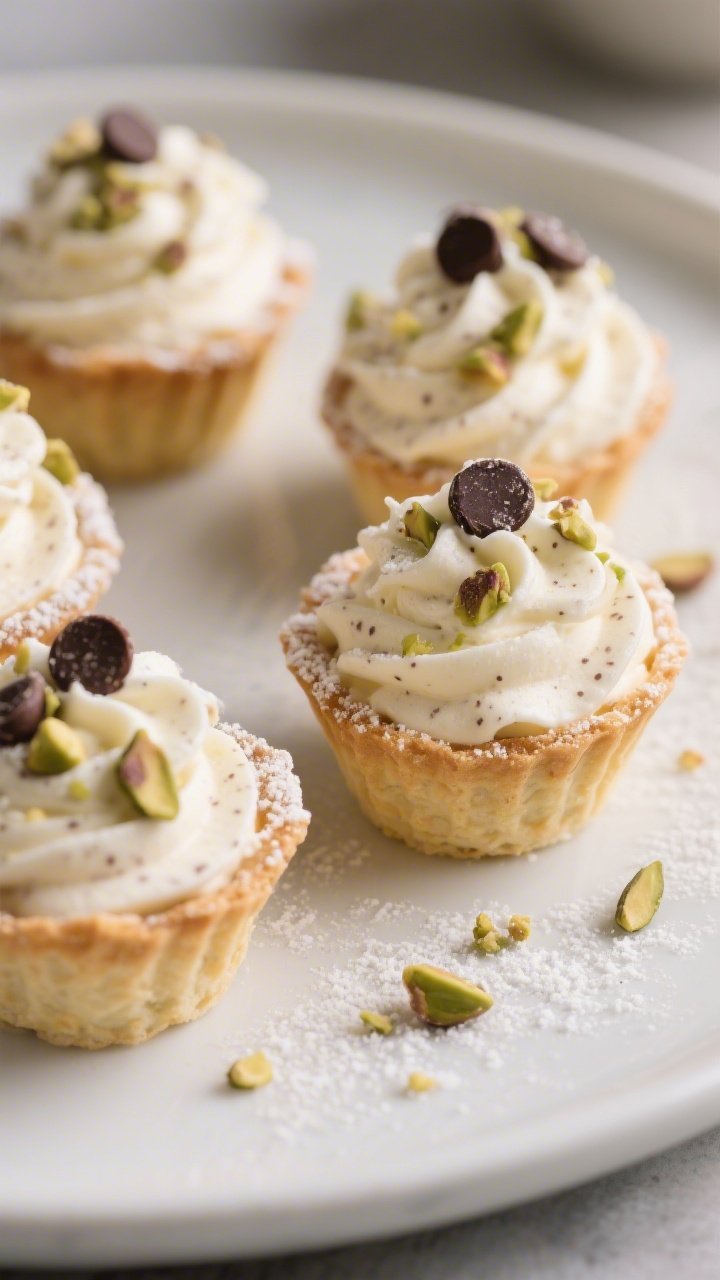 Close-up detail of finished Protein Cannoli Cream Cups on a matte white platter: cups generously pip